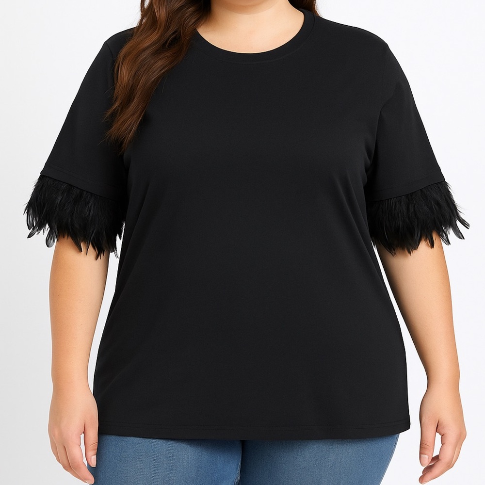 NWOT Black Short Sleeve T-Shirt With Fur On Sleeves